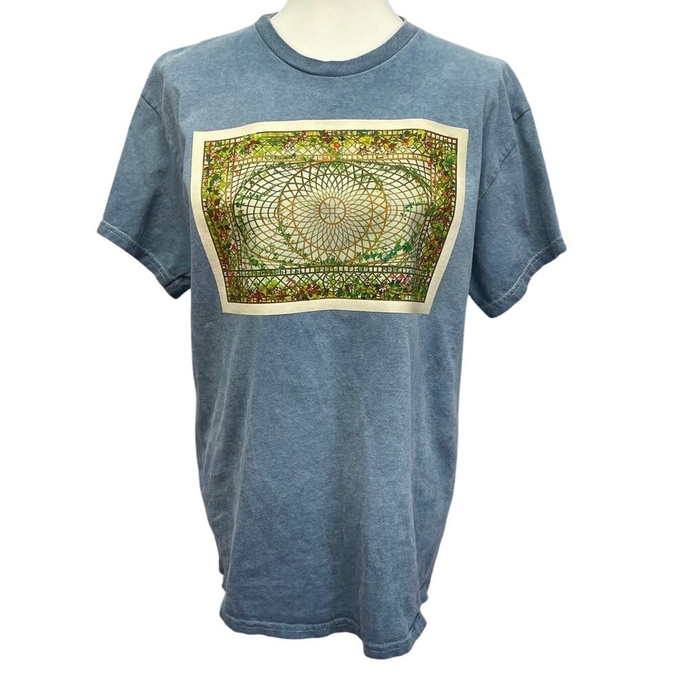 Hand Printed Upcycled Womens Large Vintage Sunroom Ceiling Floral PolyCotton Tee